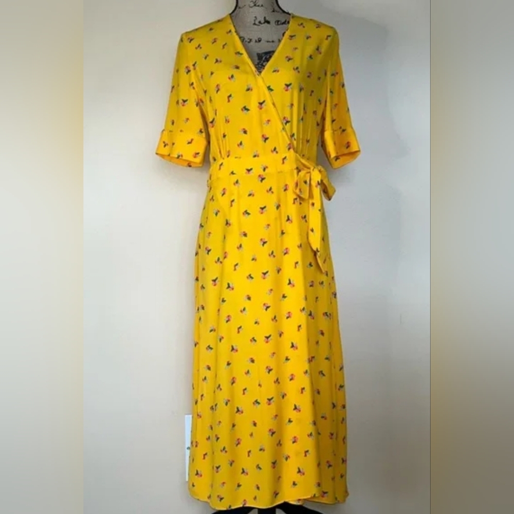 Paris Atelier & Other Stories bright yellow printed wrap around midi dress Sz 4